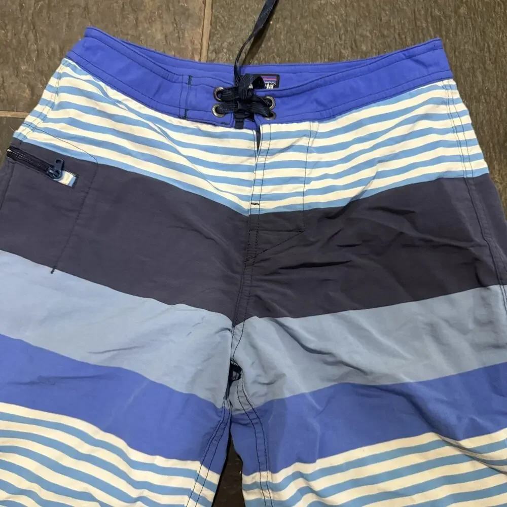 Patagonia Boys Board Shorts Size 12 Blue Striped Swim Trunks Youth Surf Beach